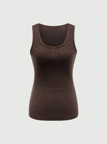 SHEIN LUNE 女式方领宽肩带罗纹三色背心套装，夏季和秋季 - 彩色 - 查看 3