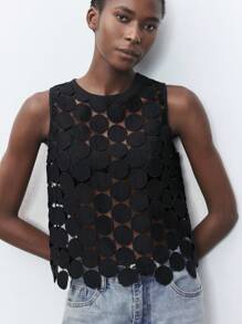 Maija Áo tank top tròn thêu chỉ tan trong nước, thoải mái và thoáng khí, thích hợp cho kỳ nghỉ hè, phong cách bohemian, đi biển, du lịch biển, đi chơi mùa hè, lễ tốt nghiệp. - màu đen - Xem 3