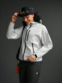 SHEIN Sports Women Hooded Zipper Pocket Long Sleeve Solid Color Simple Fashionable Popular Sports Jacket - White - View 1