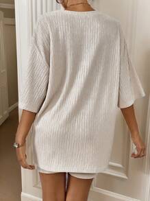 SHEIN Frenchy 女士纯色落肩罗纹针织 T 恤和短裤返校服装秋季女装复古风格教师服装 - 杏色 - 查看 2