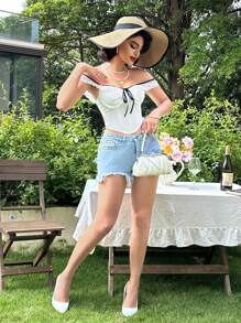 Twin Melody X SHEIN Zolique 女士優雅色塊露肩蕾絲鑲嵌背心上衣，夏季