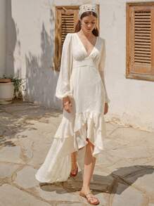 Enchnt Women Romantic Fall Vacation Apricot Deep V-Neck Lantern Sleeve Ruffle Hem Floral Dress, Elegant Teacher Back To School Outfits