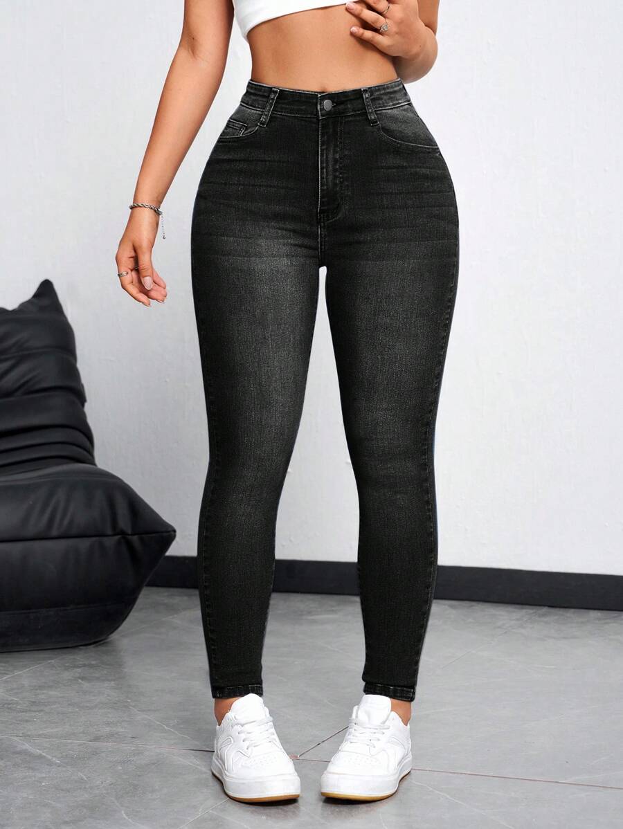 SHEIN Essnce Casual Washed Skinny Jeans - Grey - View 1