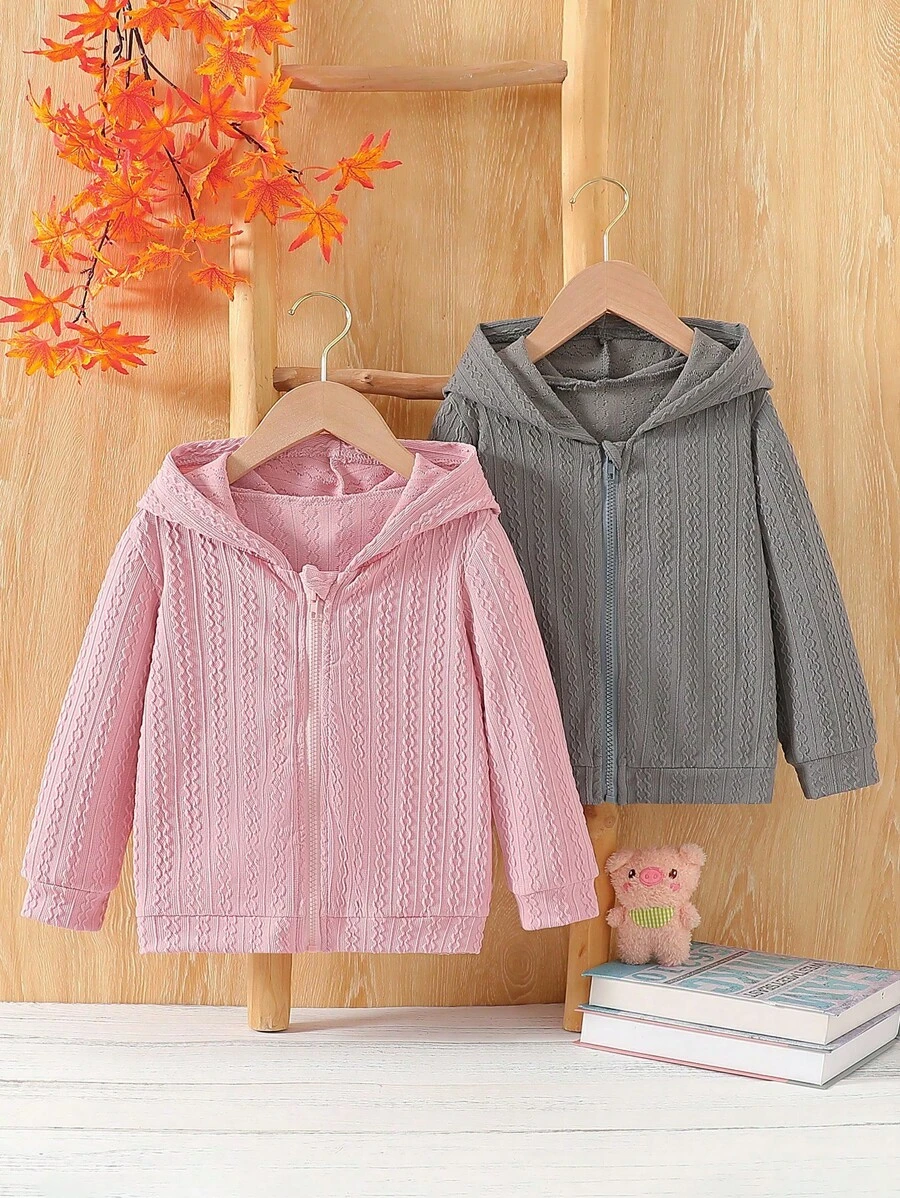SHEIN Áo khoác vải jacquard hai mảnh đơn giản, giản dị, có mũ trùm đầu, vai thẳng, tay dài, màu trơn, phù hợp cho bé gái, mặc hàng ngày - Nhiều màu - Xem 1