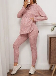 SHEIN Conjunto de 2 piezas de ropa de maternidad casual: sudadera con capucha de manga larga con cordón y pantalones ceñidos de talle ajustable, conjunto de embarazo holgado