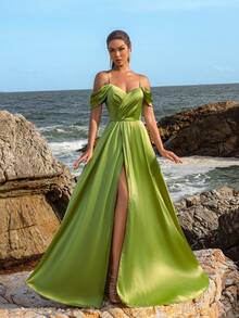 Faeriesty Off Shoulder Back Lace Up Formal Party Dress - Olive Green - View 5