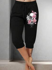 EMERY ROSE Pantalones capri para mujer con estampado de calavera, patrón de henna, loto y floral acuarela con bolsillo y detalle delantero de lazo