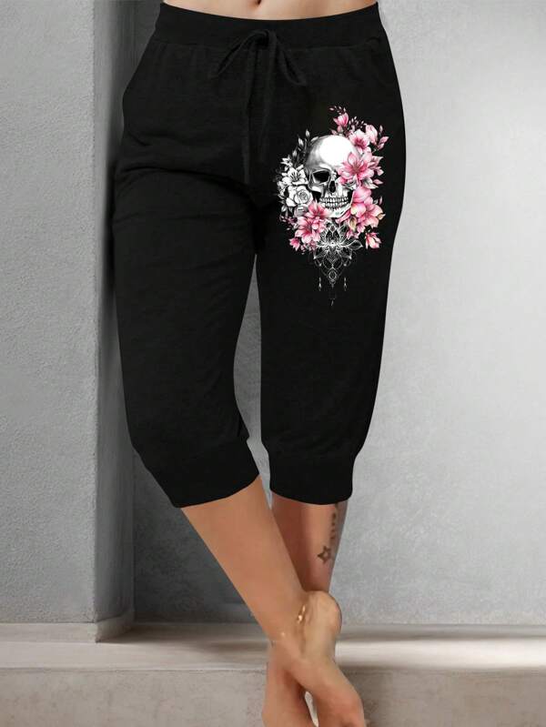 EMERY ROSE Women's Front Tie Pocket Skull Henna Pattern Lotus Watercolor Floral Pattern Printed Capri Pants