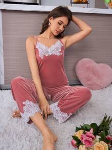 SHEIN Women's Romantic Ruffle Bow Embroidered Velvet Fabric Long Sleeve Cardigan And Pants Casual 2pcs Homewear Matching Set