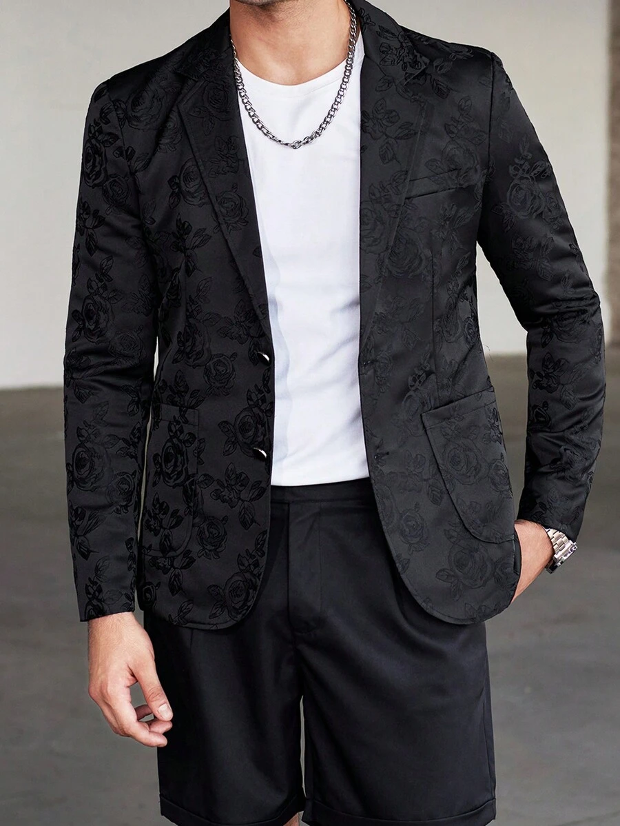 Manfinity Bizformal 男士立领长袖纽扣衬衫和纽扣短裤西装套装 - 黑色 - 查看 1