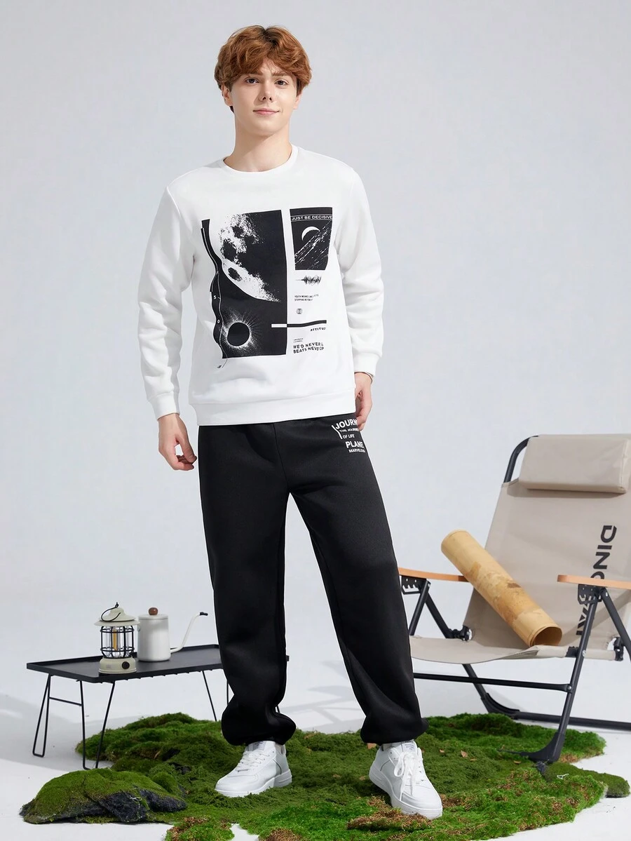 SHEIN Conjunto de sudadera de cuello redondo suelta y cómoda y pantalón de chándal para niños adolescentes, con forro polar reforzado - Blanco y Negro - Ver 1