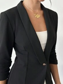 Firerie Women's Elegant Casual Pleated 3/4 Sleeve Ruffle Collar Black Blazer Jacket, Office Wear , Bussines Casual Womenwinter,Business Casual, Elegant,Black - Black - View 6