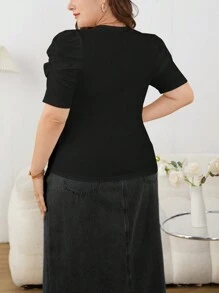 SHEIN Privé Áo thun ngắn tay cổ tròn đơn giản màu trơn dành cho nữ Plus Size - màu đen - Xem 2