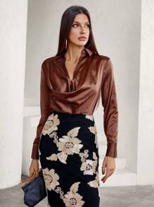 SHEIN Privé Vintage Style Casual Satin Draped Neck Long Sleeve Shirt Fall Cloth For Women - Brown - View 4
