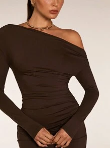 SHEIN BAE Vestido casual corto de una sola tonalidad de manga larga de verano, vestidos de otoño para mujer, ropa de otoño para mujer, vestidos asimétricos, ropa de invierno - Café - Ver 3