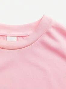 SHEIN Tween Girls' Loose Casual Sports Round Neck Short Sleeve T-Shirt And Shorts Set With Letter Print - Pink - View 16
