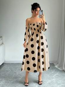 Chiquease Đầm nữ tay ngắn loe chấm bi lệch vai màu mơ - Màu be - Xem 3