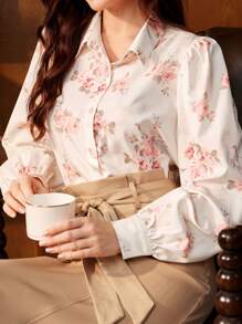 Vintamour Vintage Elegant Women's Rose Floral Printed Long Sleeve Shirt, Woven Collar, Apricot Color For Casual, Work And Vacation Back To School Women Shirts Women Tops Fall Tops Fall Women Outfits Back To School Clothes Fall Outfits Fall Shirts Long Sleeve Women Shirts Long Sleeves Woman Office Wear Fall Clothes Collared Women Shirt Beige Shirt Fall Women Shirts Pink Shirt