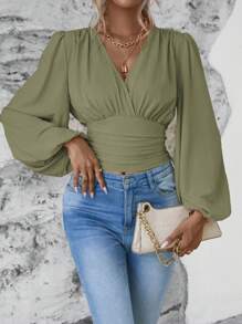 SHEIN Clasi Solid V-Neck Criss-Cross Ruched Long Sleeve Blouse - Olive Green - View 6