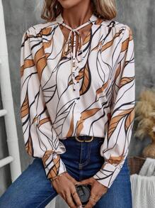 EMERY ROSE Women's Floral Print Tie Collar Long Sleeve Elegant Blouse, Spring/Autumn - Apricot - View 2