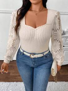 SHEIN Frenchy 大码休闲优雅蕾丝拼布罗纹运动衫，春秋