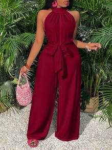 Slaydiva Vacation High-Neck Split Harem Jumpsuit With Pockets - E Burgundy Jumpsuitred Jumpsuit Womenholiday Jumpsuitred Jumpsuit