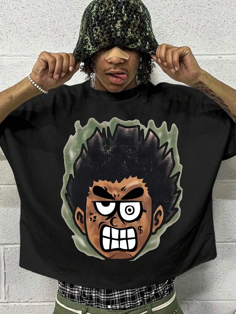 Manfinity Dauomo Men's Summer Cartoon Character Printed Round Neck Short Sleeve Casual T-Shirt - Black - View 1