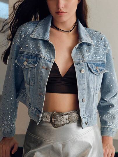 MOTF STUDIO RHINESTONE DETAIL DROP SHOULDER OVERSIZE CROP DENIM JACKET
