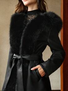 Anewsta 秋冬新款狐狸毛领拼接蓬蓬外套女中长款简约优雅大衣