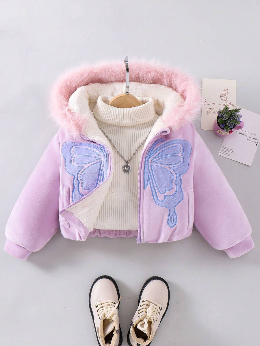 SHEIN 年轻女孩拉链蝴蝶图案毛绒装饰连帽棉服外套，可爱的衣服 - 紫色 - 查看 1