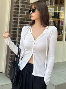 DAZY 女士纯色立领修身长袖T恤，秋季服装 - 白色 - 查看 1