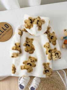 SHEIN Leap Crew Baby Girl Warm Fuzzy Cartoon Bear Pattern Hooded White Dress, Autumn/Winter - Multicolor - View 2