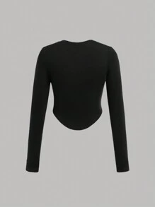 SHEIN 4 peças/conjunto adolescente menina decote em v bainha curva manga longa casual versátil camada de base camisetas de malha