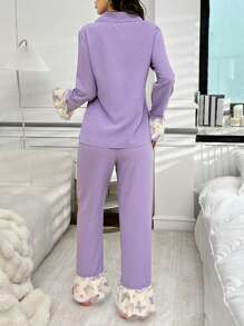 Women's Butterfly Print Ruffle Splice Lapel Top And Pants Pajama Set