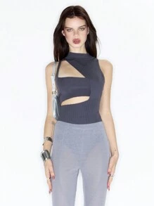 MUSERA Bộ đồ liền thân cắt cổ giả Y2K có gân - Màu xám đen - Xem 5