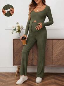 SHEIN Maternity Solid Ribbed Knit Two Pieces Outfit Set, Autumn Winter - Army Green - View 1