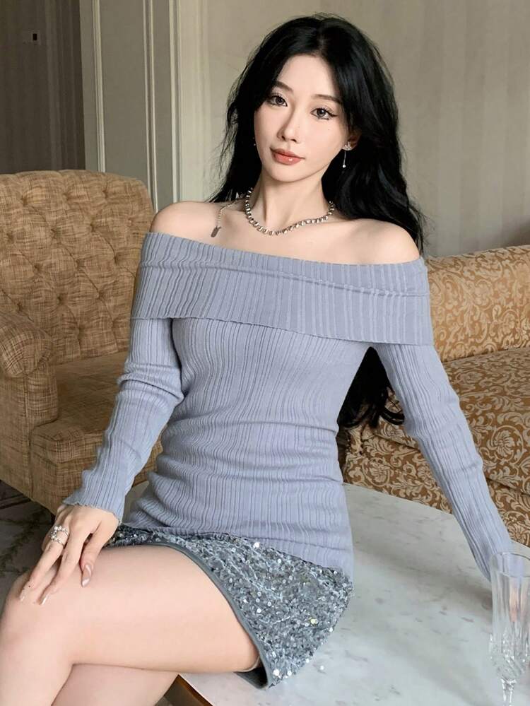 Women's Solid Color Off-Shoulder Long Sleeve Sweater,Fall Women Clothes Sequin Carnival