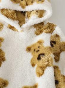 SHEIN Leap Crew Baby Girl Warm Fuzzy Cartoon Bear Pattern Hooded White Dress, Autumn/Winter - Multicolor - View 6