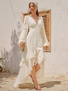 Enchnt Women Romantic Fall Vacation Apricot Deep V-Neck Lantern Sleeve Ruffle Hem Floral Dress, Elegant Teacher Back To School Outfits