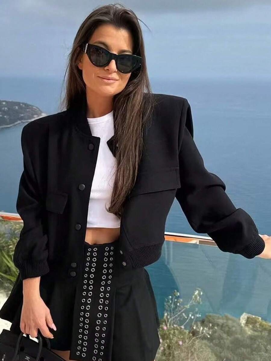 TRAFZA 女士复古纯色长袖夹克，带口袋和纽扣，休闲秋季飞行员夹克，黑色，春季款