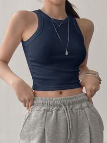 DAZY Parte superior deportiva casual sin mangas de cuello redondo de un solo color para mujer