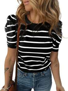 Pull rayé à col ras-du-cou et manches courtes casual pour femmes - Noir - Voir 3