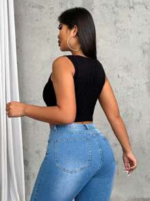 Zolique Solid Deep V-Neck Button Front Sexy Sweater Vest - Black - View 2