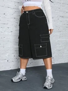 Jeanoix Plus Size Spring & Summer Casual Colorblock Topstitch Cargo Denim Jeans Baggy - Black - View 6