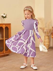 SHEIN Leap Crew Young Girl Elegant Mock Neck Patchwork Geometric Pattern Long Sleeve Mid-Length Dress - Purple - View 3