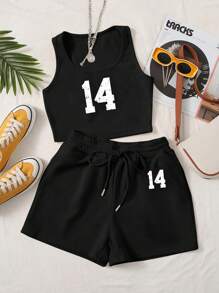 Slaydiva 2 件套女士夏季休闲 14 字母印花修身圆领背心和抽绳短裤