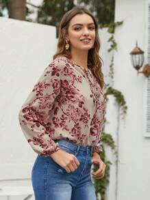 SHEIN VCAY Floral Print Tie Neck Blouse - Multicolor - View 4