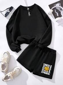 SHEIN Leap Crew Bộ 2 áo nỉ và quần short in hình mặt cười thường ngày cho bé gái tuổi mới lớn, phù hợp cho mùa thu/đông - màu đen - Xem 2
