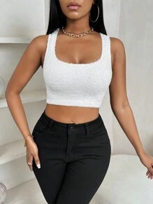 Zolique Casual Fuzzy Cropped Tank Top, Spring & Autumn - White - View 6