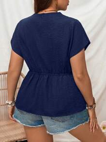 Calvaya Blusa a maniche corte da donna con vita attorcigliate e laccio frontale, tinta unita, taglie comode